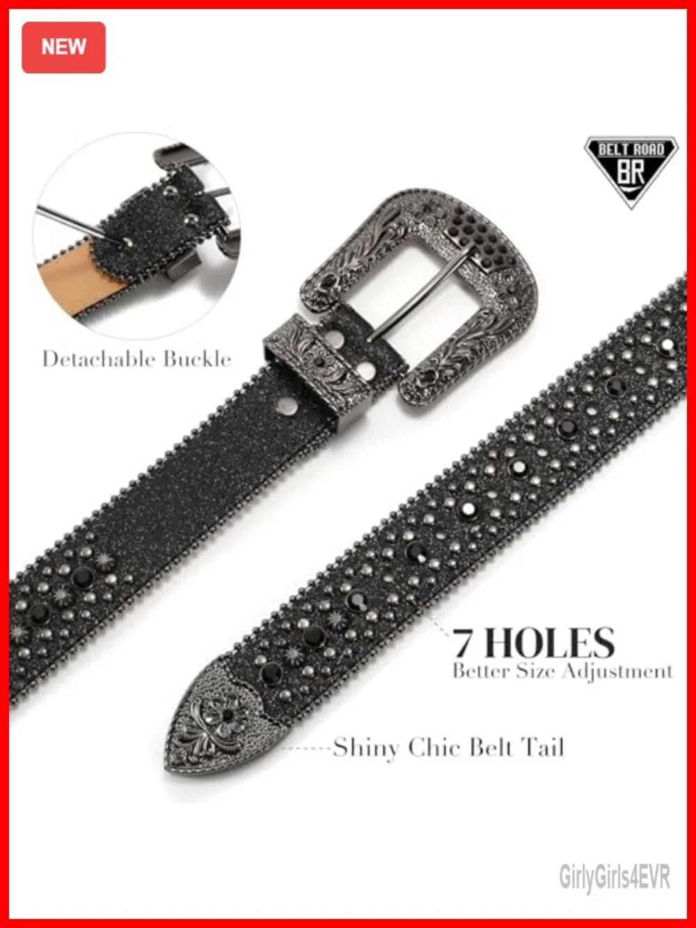 Rhinestone Embellished Leather Belt with Detachable Buckle